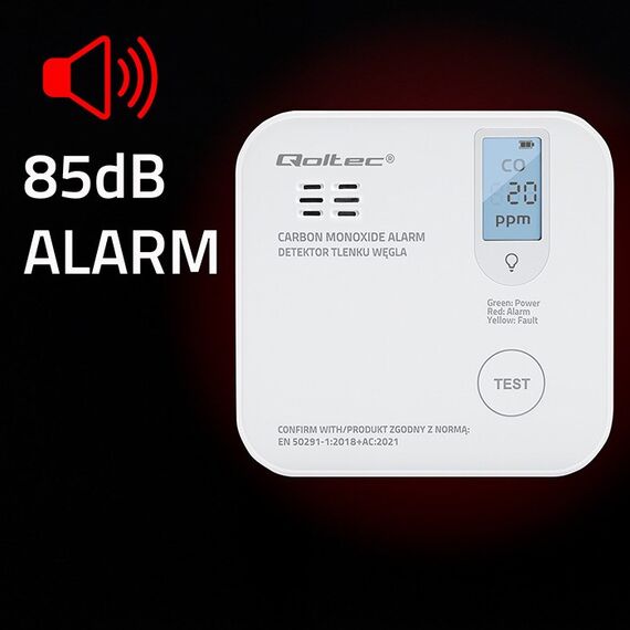 Qoltec 52577 Wireless Carbon monoxide (CO) sensor with battery | sensor service life 10 years | alarm 85dB | LED
