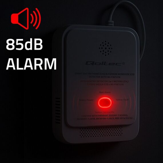 Qoltec 52654 2in1 natural gas and carbon monoxide (CO) leak detector | CH4 | CO | NG | Tuya | Wi-Fi | 85dB alarm | LED