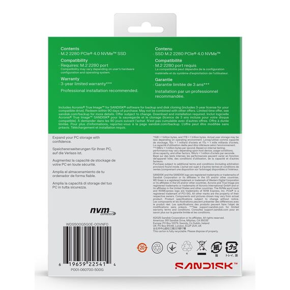 Western Digital Green WD ™ SN3000 NVMe™ SSD POWERED BY SANDISK 500 GB