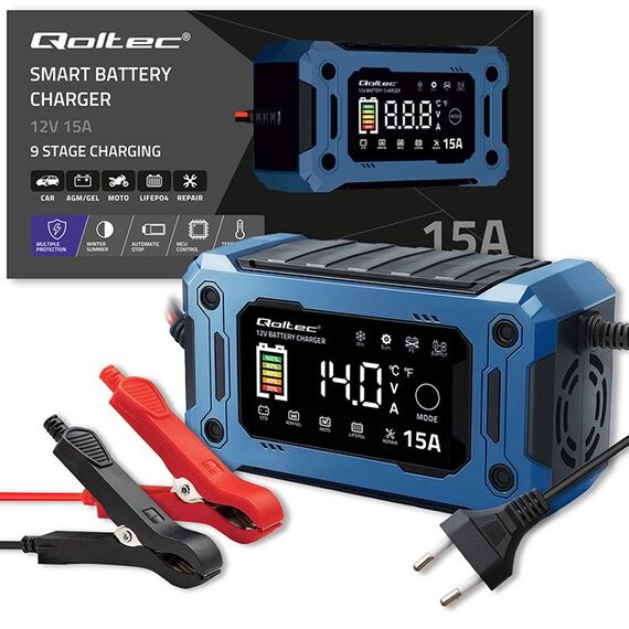 Qoltec 52496 Charger 12V 15A | Rectifier with repair function and maintaining power supply during battery replacement | for AGM GEL LiFePO4 | LCD