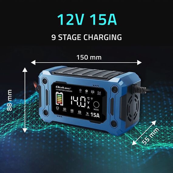 Qoltec 52496 Charger 12V 15A | Rectifier with repair function and maintaining power supply during battery replacement | for AGM GEL LiFePO4 | LCD