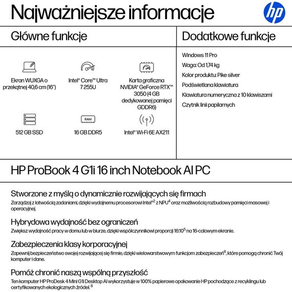HP ProBook 4 G1i Ultra 7 255U 16"WUXGA 300nits 60Hz AG 16GB DDR5 5600 SSD512 Intel Arc Cam 1080p 56Wh W11Pro Pike Silver Aluminium 3Y OnSite
