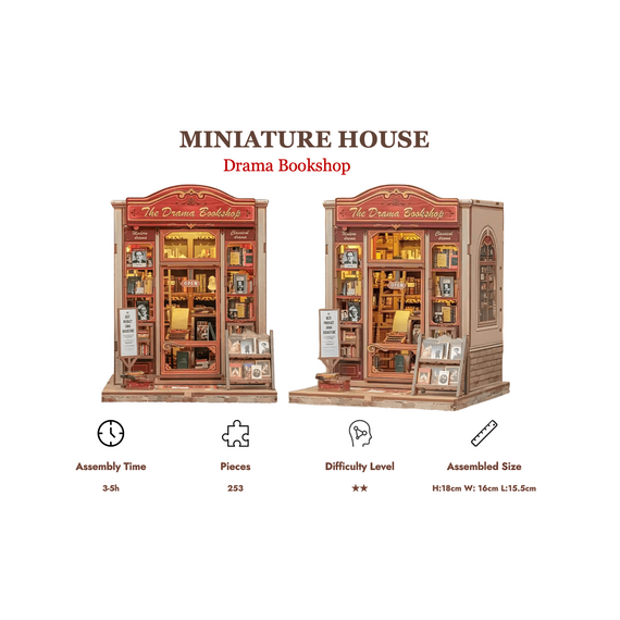 MINIATURE HOUSE - DIY - Drama Bookshop - 253pc + LED Light