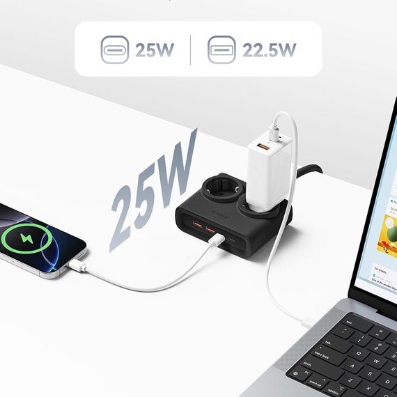 Orico PDC25 25W 6in1 Power Strip 2x AC + 2x USB-A + 2x USB-C - Black | Techbox