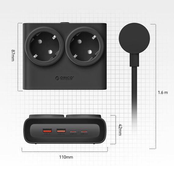 Orico PDC25 25W 6in1 Power Strip 2x AC + 2x USB-A + 2x USB-C - Black | Techbox