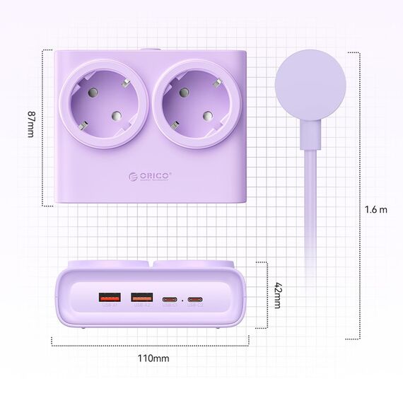 Orico PDC25 25W 6in1 Power Strip 2x AC + 2x USB-A + 2x USB-C - Purple