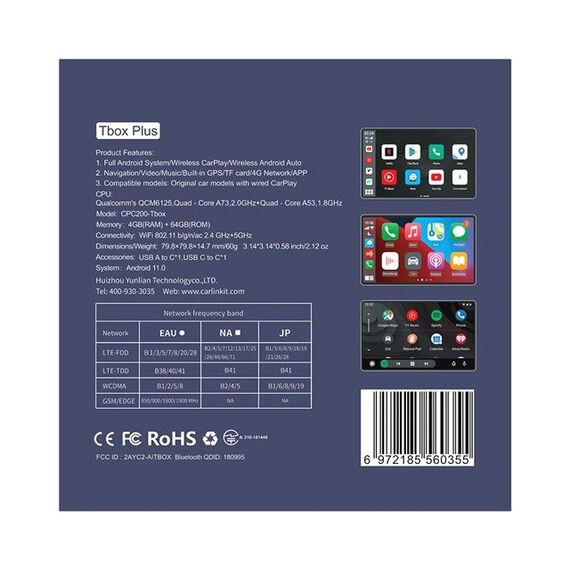 CARLINKIT Adapter Wireless TBOX-Plus 4GB+64GB Apple Carplay/Android Auto blue