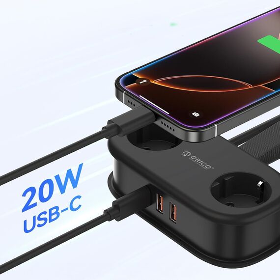 Orico APP 15.5W 5in1 Power Strip 2x AC + 2x USB-A + 1x USB-C - Black | Techbox