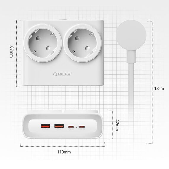 Orico PDC25 25W 6in1 Power Strip 2x AC + 2x USB-A + 2x USB-C - White | Techbox