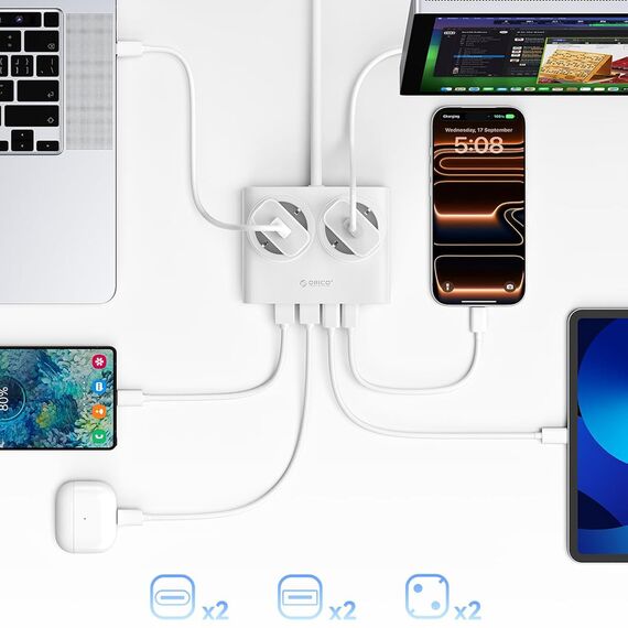 Orico PDC25 25W 6in1 Power Strip 2x AC + 2x USB-A + 2x USB-C - White | Techbox