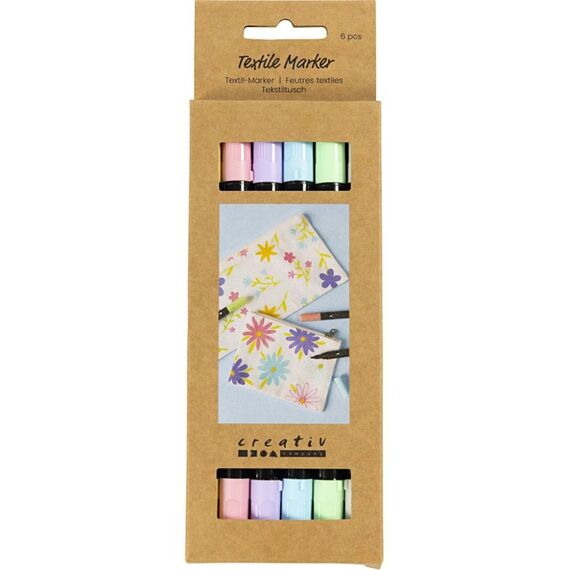 Creativ Company - Textile markers, line 2,3+3,6 mm, pastel colours, 6 pc/ 1 pack (334829) / Toys