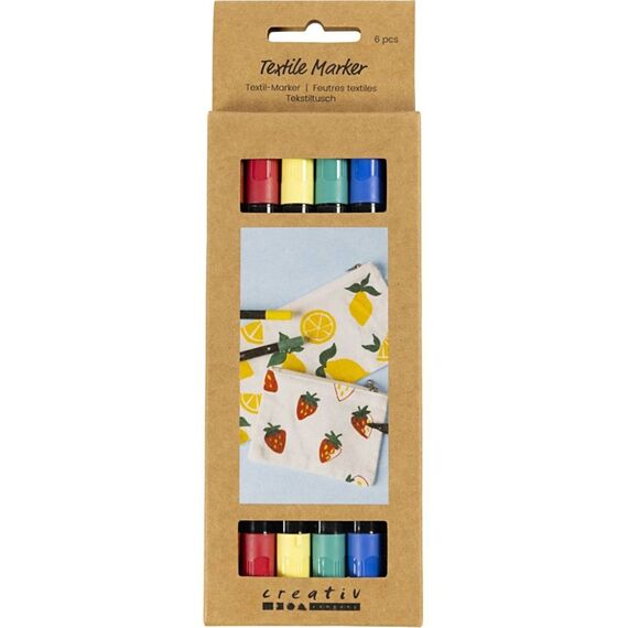 Creativ Company - Textile markers, line 2,3+3,6 mm, standard colours, 6 pc/ 1 pack (334819) / Toys