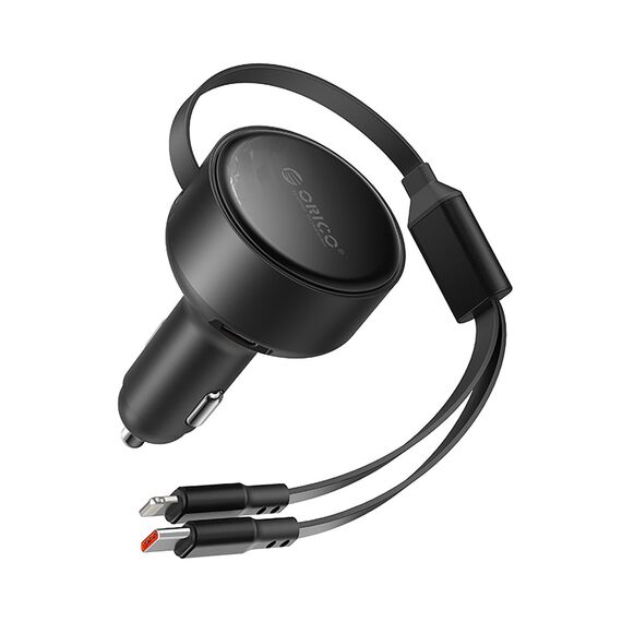 Orico Dual Stretch 60W USB-C Car Charger with Two Retractable USB-C + Lightning Cables - Black