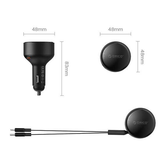 Orico Dual Stretch 60W USB-C Car Charger with Two Retractable USB-C + Lightning Cables - Black