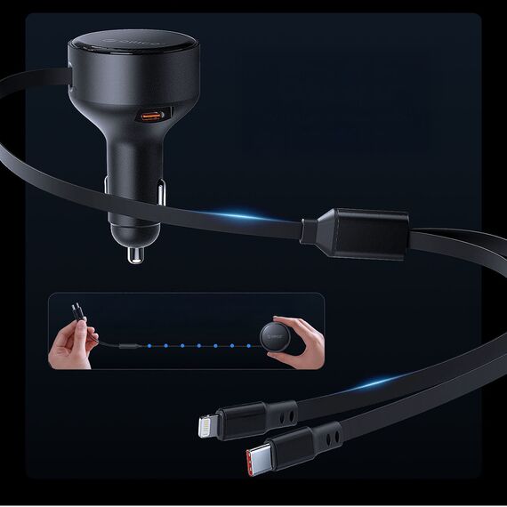 Orico Dual Stretch 60W USB-C Car Charger with Two Retractable USB-C + Lightning Cables - Black