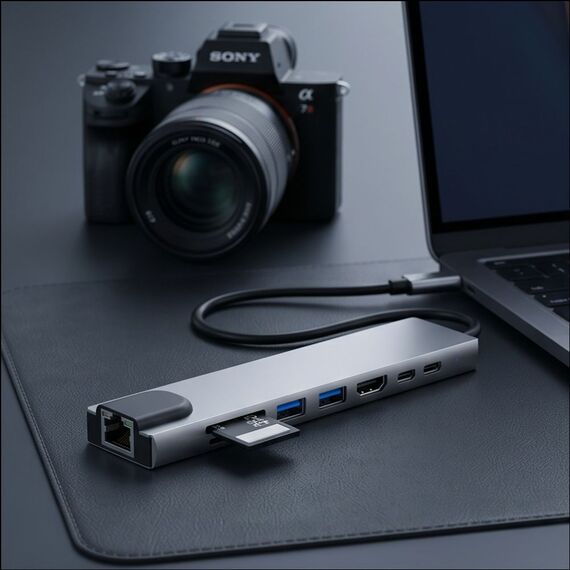 Tech-Protect HB09 USB hub 8in1 TYPE-C + USB-A 3.0 + USB-C 3.0 + HDMI 4K 60HZ + SD/TF + PD100W + RJ45 1000 MB/S - gray