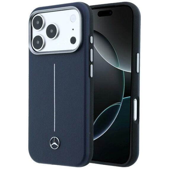 Mercedes Leather Semi Wrap Iconic Line MagSafe Case for iPhone 17 Pro Max - Navy Blue