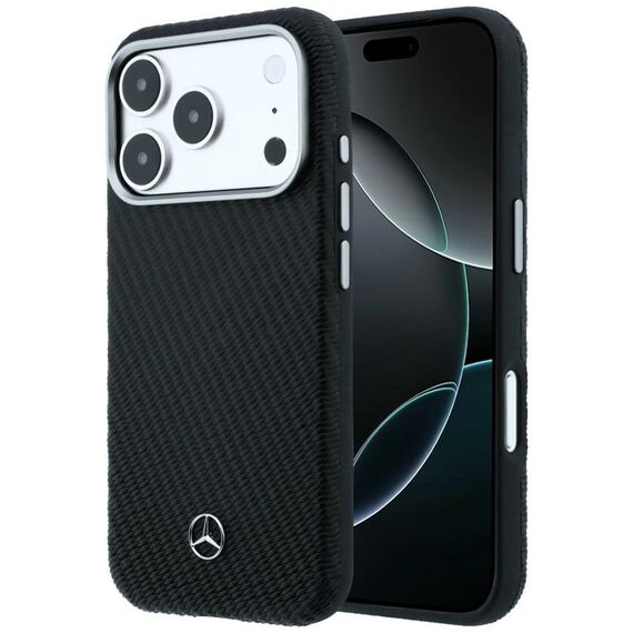 Mercedes Leather Semi Wrap Wood Effect MagSafe Case for iPhone 17 Pro - Black
