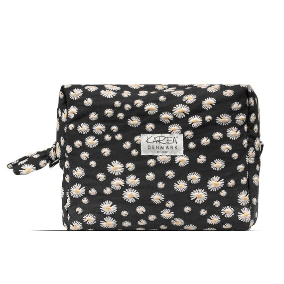 Karen - Large toiletry bag with embroidered daisies - Black - Large / Luggage and Travel Gear