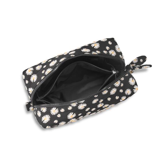 Karen - Large toiletry bag with embroidered daisies - Black - Large / Luggage and Travel Gear