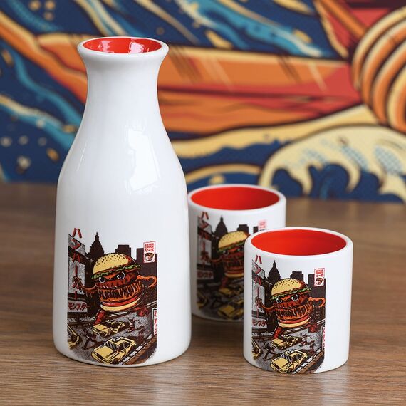 JAPANESE STYLE - Burgerzilla - Ceramic Sake Bottle & 2 Sake Cups 550ml