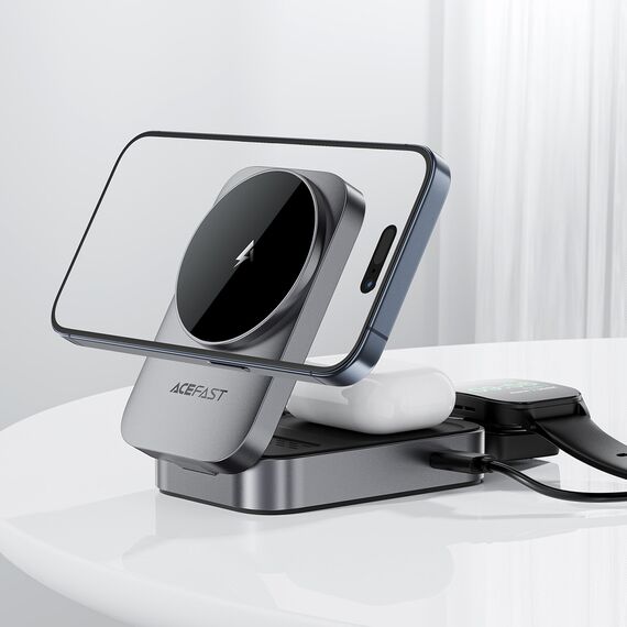 Acefast E22 3-in-1 Wireless Inductive Charging Station, MagSafe Compatible - Gray