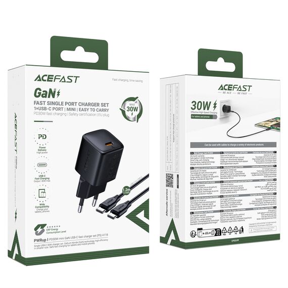 Acefast A118 30W GaN USB-C Wall Charger with 1.2m USB-C to Lightning Cable - Black