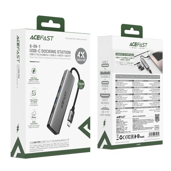 Acefast J18 USB Hub USB-C 6-in-1 HDMI 4K 60Hz PD90W Docking Station - Gray
