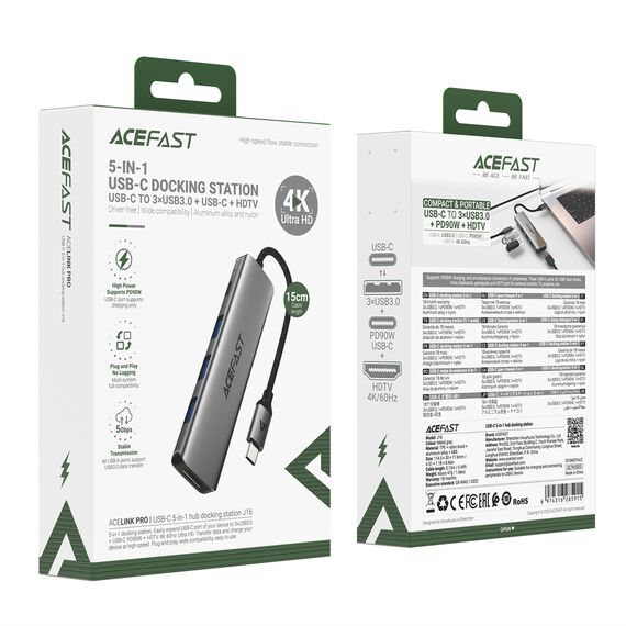 Acefast J16 USB Hub USB-C 5-in-1 HDMI 4K 60Hz PD90W Docking Station - Gray