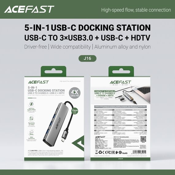 Acefast J16 USB Hub USB-C 5-in-1 HDMI 4K 60Hz PD90W Docking Station - Gray