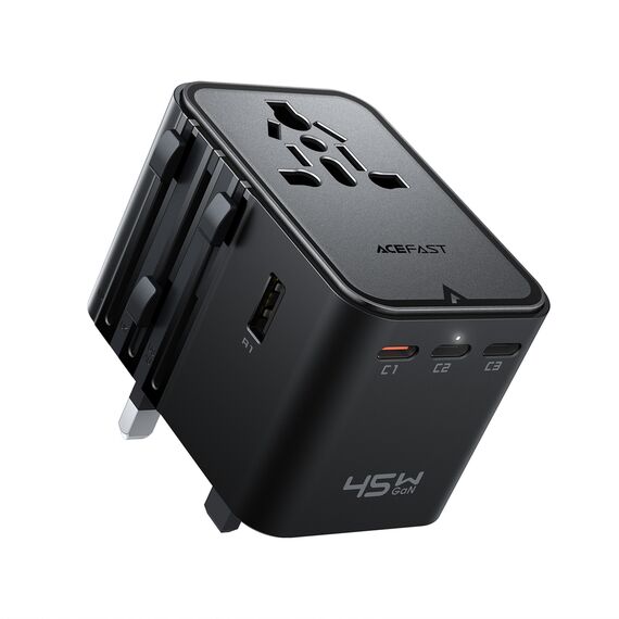Acefast Z8 GaN 45W Travel Adapter 3x USB-C + 2x USB-A Travel Wall Charger with 2500W AC Socket - Black