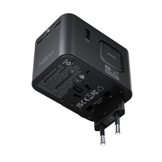 Acefast Z8 GaN 45W Travel Adapter 3x USB-C + 2x USB-A Travel Wall Charger with 2500W AC Socket - Black