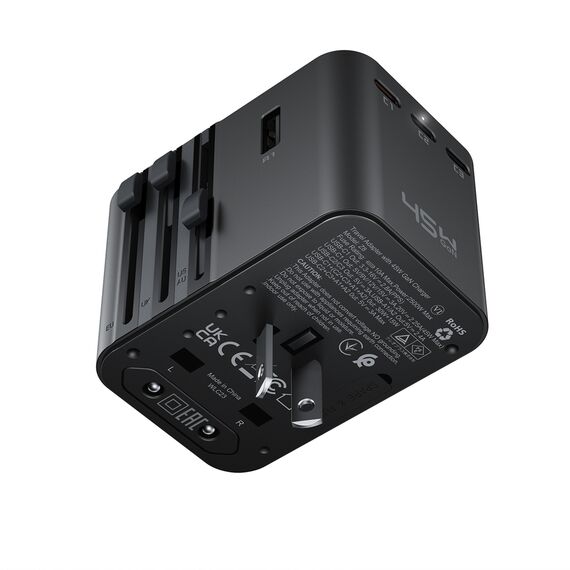 Acefast Z8 GaN 45W Travel Adapter 3x USB-C + 2x USB-A Travel Wall Charger with 2500W AC Socket - Black