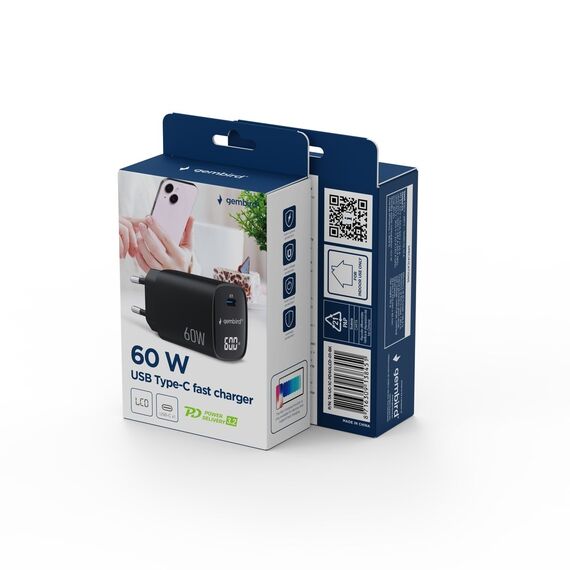 Gembird TA-UC-1C-PD60LCD-01-BK 60W USB Type-C fast charger, LCD, black