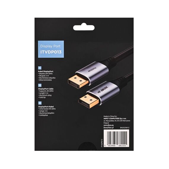 iBox ITVDP013 DisplayPort cable 4K 60Hz gold plug 3 m