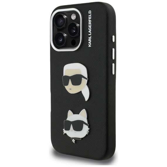 Karl Lagerfeld FW Grained Karl &amp; Choupette Heads Pins Case for iPhone 16 Pro Max - Black