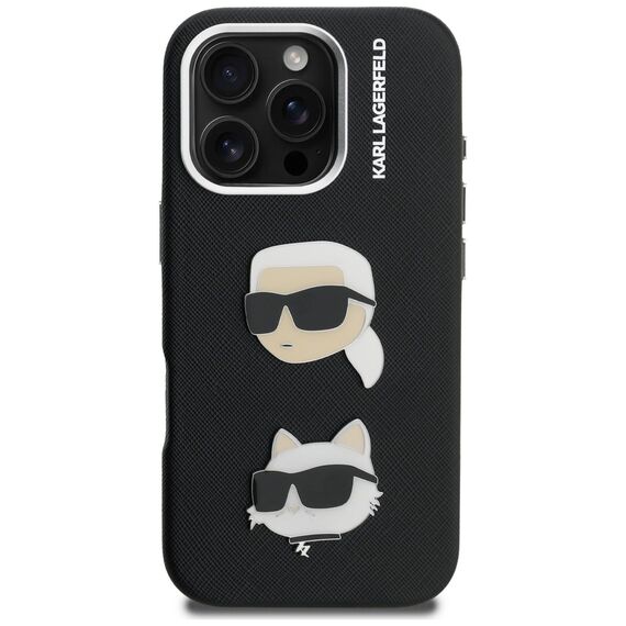 Karl Lagerfeld FW Grained Karl &amp; Choupette Heads Pins Case for iPhone 16 Pro Max - Black