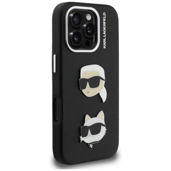 Karl Lagerfeld FW Grained Karl &amp; Choupette Heads Pins Case for iPhone 16 Pro Max - Black