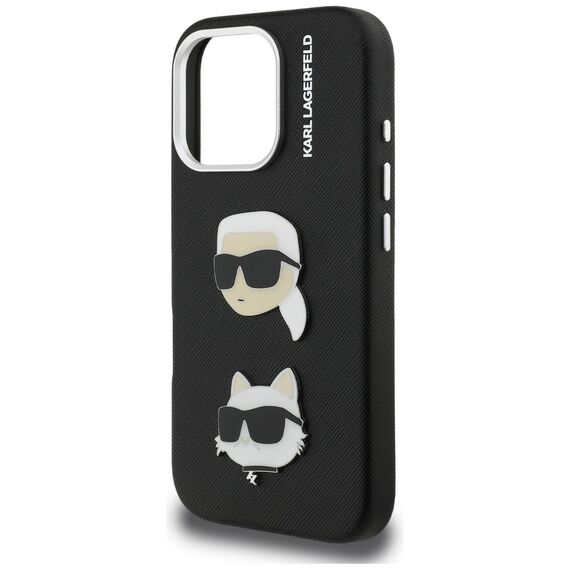 Karl Lagerfeld FW Grained Karl &amp; Choupette Heads Pins Case for iPhone 16 Pro Max - Black