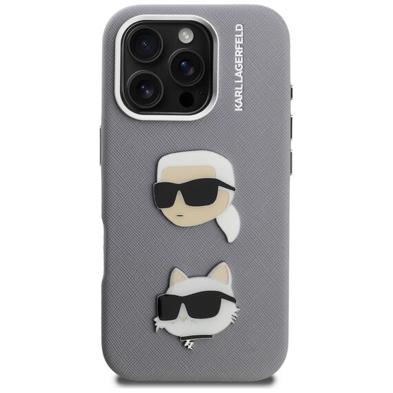 Karl Lagerfeld FW Grained Karl &amp; Choupette Heads Pins Case for iPhone 16 Pro Max - Gray