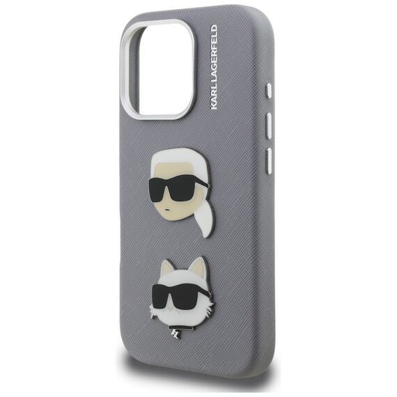 Karl Lagerfeld FW Grained Karl &amp; Choupette Heads Pins Case for iPhone 16 Pro Max - Gray