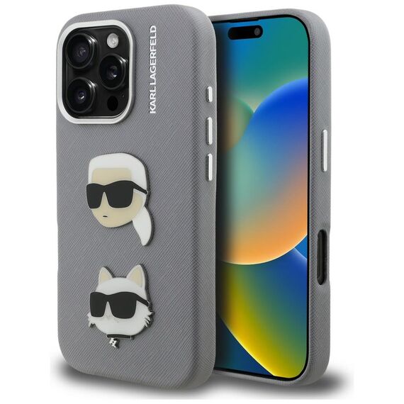 Karl Lagerfeld FW Grained Karl &amp; Choupette Heads Pins Case for iPhone 16 Pro - Gray