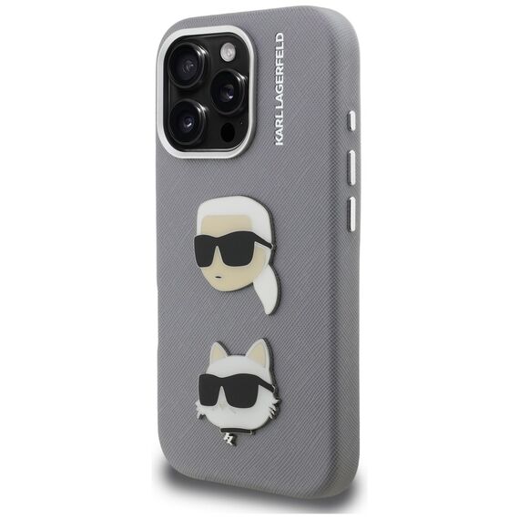 Karl Lagerfeld FW Grained Karl &amp; Choupette Heads Pins Case for iPhone 16 Pro - Gray