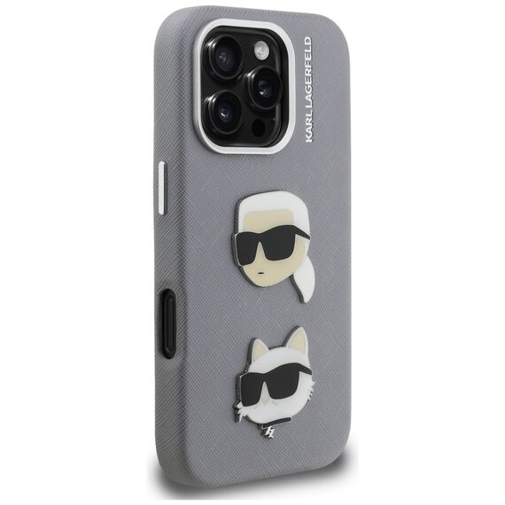 Karl Lagerfeld FW Grained Karl &amp; Choupette Heads Pins Case for iPhone 16 Pro - Gray