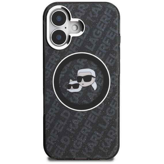 Karl Lagerfeld IML Glitter Karl &amp; Choupette Heads Logo MagSafe Case for iPhone 16 - Black