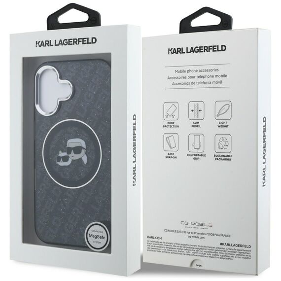 Karl Lagerfeld IML Glitter Karl &amp; Choupette Heads Logo MagSafe Case for iPhone 16 - Black