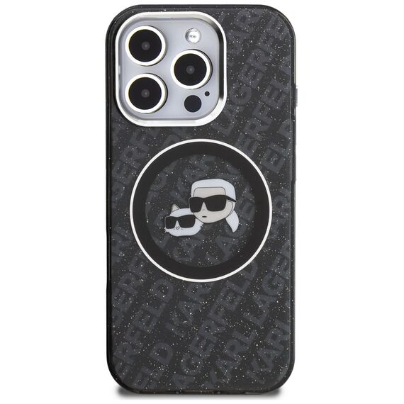 Karl Lagerfeld IML Glitter Karl &amp; Choupette Heads Logo MagSafe Case for iPhone 16 Pro Max - Black