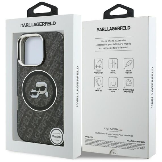 Karl Lagerfeld IML Glitter Karl &amp; Choupette Heads Logo MagSafe Case for iPhone 16 Pro Max - Black