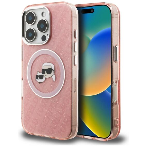 Karl Lagerfeld IML Glitter Karl &amp; Choupette Heads Logo MagSafe Case for iPhone 16 Pro Max - Pink