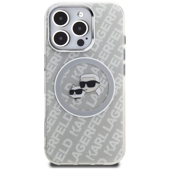 Karl Lagerfeld IML Glitter Karl &amp; Choupette Heads Logo MagSafe Case for iPhone 16 Pro Max - Gray